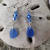 Cobalt Blue Sea Glass with Austrian Blue Crystals Dangle Earrings