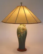 Arts & Crafts table lamp: Ephraim Faience Art Pottery Spider Orchid Lamp, Parchment Paper Lamp Shade