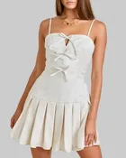 Bow Detailed Pleated Skirt Jacquard Mini Dress