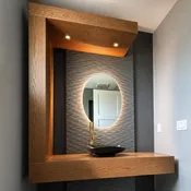 Custom Floating Wood Veneer Vanity — “L” Enclosure with Ceiling Soffit