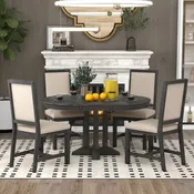 5-Piece Dining Set Extendable Round Table and 4 Upholstered Chairs Farmhouse Dining Set for Kitchen, Dining Room