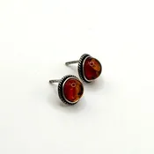 925 Sterling Silver Baltic Amber Round Stud Earrings