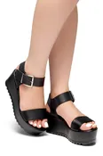HerStyle Carita- Open Toe Ankle Strap Platform Wedge (Black)
