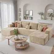 133" Oversized Beige U-Shape Corduroy Modular Cloud Sectional Sofa - No Assembly, Ships in 3-7 Days