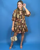 Amber Trails Brown Floral Tie Neck Mini Dress