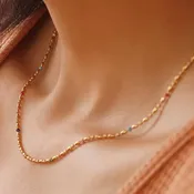 18K Gold Non-Tarnish Petite Beaded Necklace: Multi-Colored