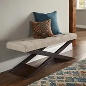 Beige Linen Wood X-Base Bench