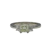 1.10 Carat Yellow-Green Princess Cut Diamond and 2=0.64 Trapezoid Diamonds in Platinum, GIA Report