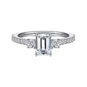 14K White Gold Emerald Cut Three Stone Diamond Engagement Ring