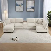 140 Corduroy U-Shaped Modular Sectional Sofa with Storage Ottoman & Console,and USB Charger, Cup Holders & 30 Wide Seats
