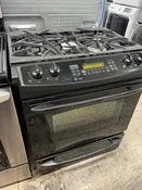 ^ ITEM #GR83  GE Duel fuel black gas range 5 burner 30 inch