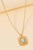 Stainless Steel Oval Stone Stud Square Pendant Necklace