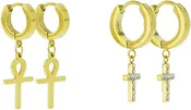 2 PAIRS Unisex Stainless Steel CZ Christian Cross Plain Egyptian ANKH Cross Dangle Hanging Hinged Hoop Drop Earrings (Silver, Gold, Black)