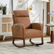 Fauteuil à bascule moderne avec dossier haut, accoudoirs, poches latérales, revêtement en polaire bouclette, pieds en bois robustes, fauteuil à bascule d'appoint pour salon, chambre à coucher