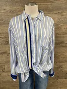 Baby Blue Striped Button-Up Blouse Embellished by Trish