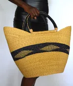 Handwoven African Shopping Basket | Golden Yellow & Black Geometric