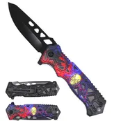 8.5" Spring Assisted Knife Blue & Red Skull