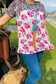 Floral/cactus & leopard printed short sleeve top BQ10504