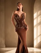 MNM Couture G2108 – Floral Applique High Slit Sheath Dress