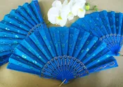 10 Pcs Turquoise Cloth Hand Fans with Plastic Handle