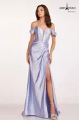 Abby Paris 90216 Size 4 Dusty Blue Satin Prom Dress off the shoulder Ruched slit Evening Gown Bridesmaid
