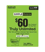 30 day $60 Unlimited Calls,Text, and Data + 15GB Hotspot & 50GB Cloud Storage Simple Mobile (NON REFUNDABLE)