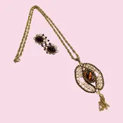 AMBER BROWN 1970s Rhinestone and Cabochon Filigree Necklace and Clip-on Earring Set — Carmine & Hayworth Vintage