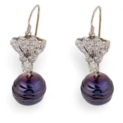 Art Deco 14k Diamond & Black Tahitian Pearl Drop Earrings