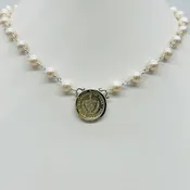 Diez Centavo Genuine Cuban Coin Necklace with Freshwater Pearls in Sterling Silver (pre-1959)