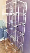 Acrylic Bookshelf "button line" style 72"T x 32"W x 12"D - gold or chrome connectors- Custom sizing never a problem, hand crafted in the U.S.
