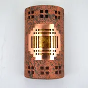 14″ Wall Light-Mission Copper Cover w/Windows Borders-Closed Top (Dark Sky) Half Round-Amber Mica Lens-Copper Brick-Indoor-Outdoor