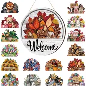 16 Pcs Interchangeable Welcome Sign for Front Door Interchangeable Welcome Sign,Classic Color Seasonal Wood Hanging Sign, Fall Autumn Halloween Thanksgiving Christmas Farmhouse Housewarming Gift