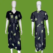 1940s Sheer Navy Blue Leaf Print Chiffon Dress – Size M