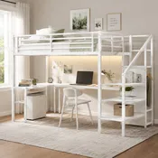 Ailinor Twin XL Metal Loft Bed with L-Shaped Desk, Wardrobe and Storage Stairs