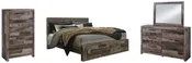 King Panel Bed With 2 Storage Drawers With Mirrored Dresser and Chest
