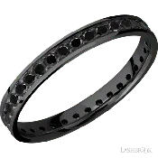 3 mm wide/Flat/Zirconium band with an Eternity arrangement of .03 carat Round Black Diamond stones in a Bead setting.