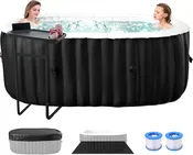 Inflatable Hot Tub Spa with Side Table – 2-Person Oval Portable Outdoor Spa, Leak-Proof PVC, 100 Air Jets, Heater Pump &amp; Insulated Cove