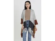 Angie Women's Colorblock Fringed Open Front Poncho
