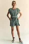 Davi & Dani Acid-Washed Waffle Knit Cuffed Sleeves Romper