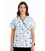 Bone and Paw Print Scrub Set Mock Wrap With Black Piping 5 Pocket Half Sleeves (Top 3 Pockets With Bottom 2 Pockets Boot cut)