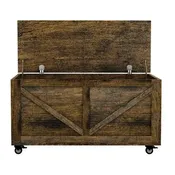 Banc de rangement en bois sur roulettes avec freins