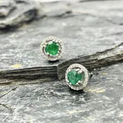 1.01ctw Emeralds with 1/5ctw Bright Diamond Halo 14k White Gold Earrings | Warren Jewelers