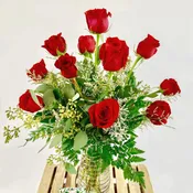 Dozen Long Stem Red Roses in a Vase