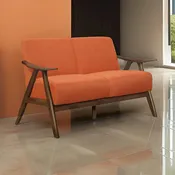 51 Inch Transitional Loveseat, Brown Wood Angled Frame, Textured Orange Fabric