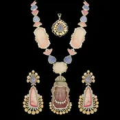 2-in-1 Natural Carved Buddha Tourmaline, Tanzanite and Diamond Haaram, Pendant and Earrings Set