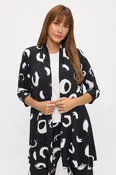 000- Atu Black with White Graphic Print Circles Draped Long Jacket