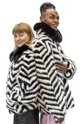 Black and White Chevron Design Mink Tails 28” Zip Jacket with Black dyed Fox Collar