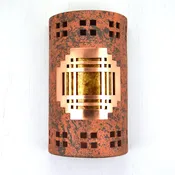 14″ Wall Light-Mission Copper Cover-Windows Border-Open Top Half Round-Copper Brick-Amber Mica Lens-Indoor-Outdoor