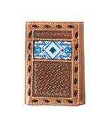 3D Brown Basket Weave Trifold Wallet with Embroidered Blue Southwest Design Inlay