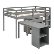 Graues multifunktionales niedriges Hochbett in Einzelbettgröße mit Schrank, Regalen und mobilem Rolltisch